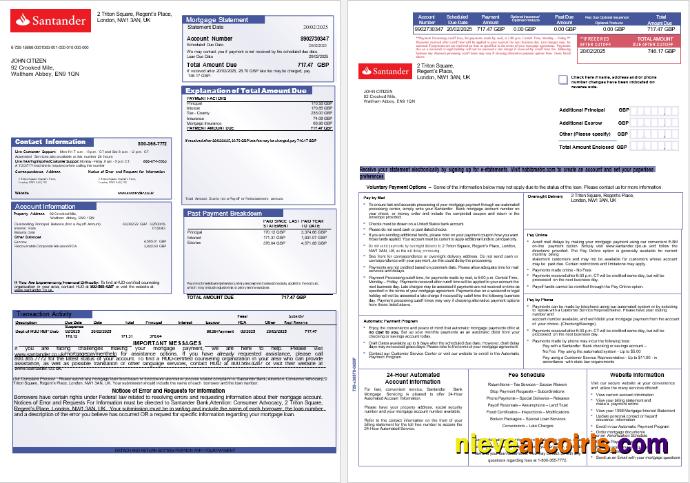 United Kingdom Santander bank mortgage statement, 3 pages 1-2